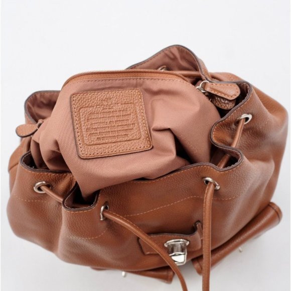 Coach turnlock heritage backpack rucksack brown leather silver hardware